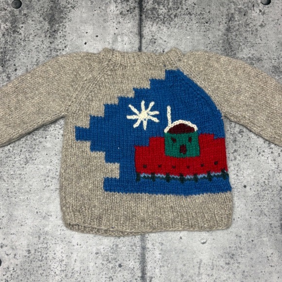 Vtg 80s/90s Handmade Kids Wool Knit Sweater Winter House Snowflake Pullover - Picture 2 of 6